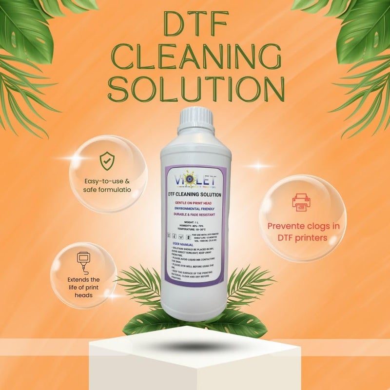 VIOLET DTF TRANSFER محلول تنظيف DTF 1000 مل – منظف رأس الطباعة لجميع طابعات DTF بما في ذلك Ep-son I3200-A1، 1600-A1، L1800، TX805 – سائل تنظيف فوهات الطباعة لإزالة الانسداد والطباعة السلسة – يطيل عمر رأس الطباعة - Image 1